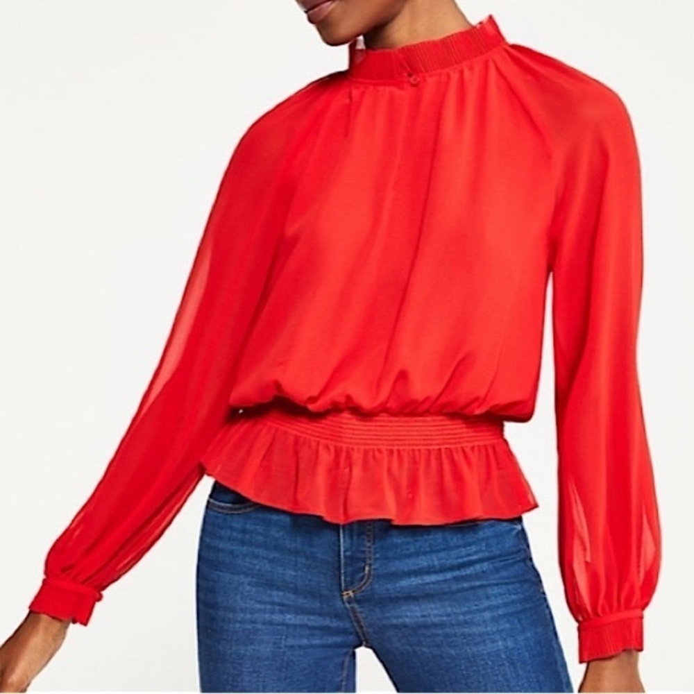 Ann Taylor Red Pleated Smock Waist Blouse Women’s XS